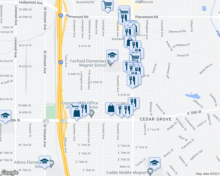 map of restaurants, bars, coffee shops, grocery stores, and more near 441 East 66th Street in Shreveport