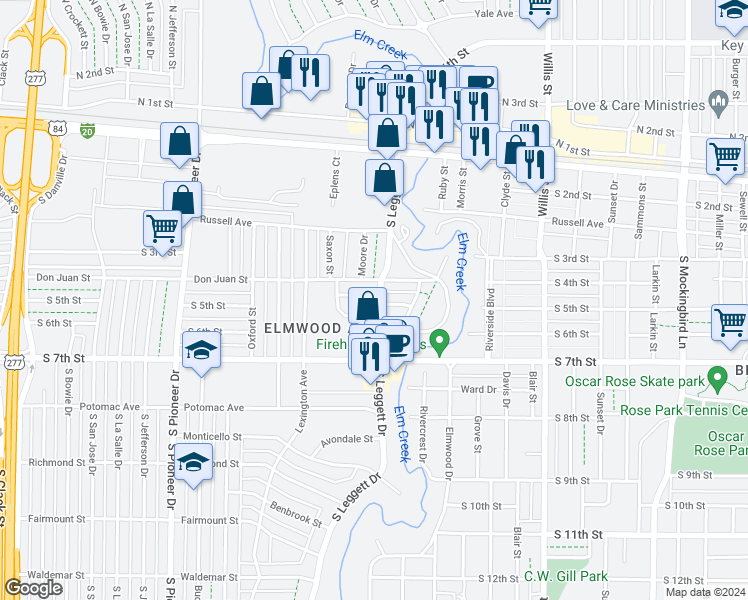 map of restaurants, bars, coffee shops, grocery stores, and more near 4015 Lynwood Lane in Abilene
