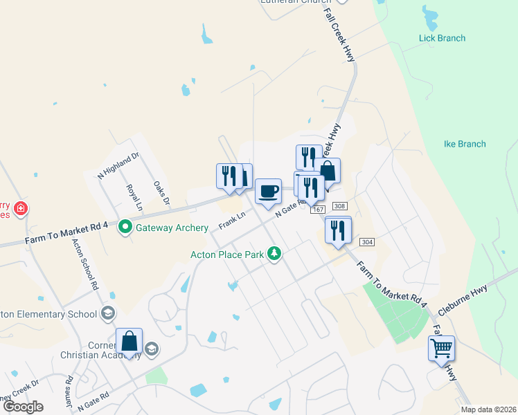 map of restaurants, bars, coffee shops, grocery stores, and more near 5501 Acton Highway in Granbury