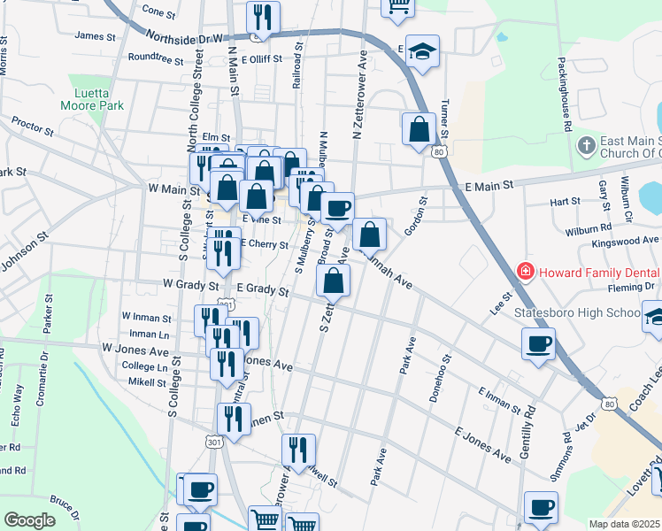 map of restaurants, bars, coffee shops, grocery stores, and more near 27 South Zetterower Avenue in Statesboro