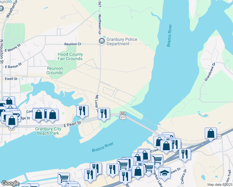 map of restaurants, bars, coffee shops, grocery stores, and more near 1000 Quiet Cove in Granbury