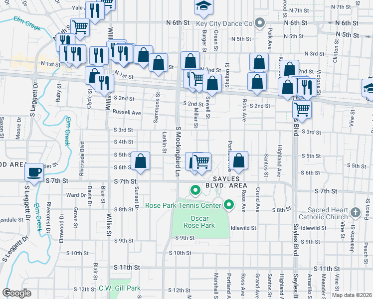 map of restaurants, bars, coffee shops, grocery stores, and more near 341 South Mockingbird Lane in Abilene