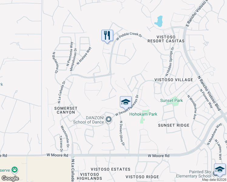 map of restaurants, bars, coffee shops, grocery stores, and more near 13250 North Amberwing Place in Tucson