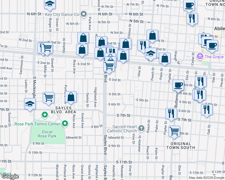 map of restaurants, bars, coffee shops, grocery stores, and more near 342 Amarillo Street in Abilene