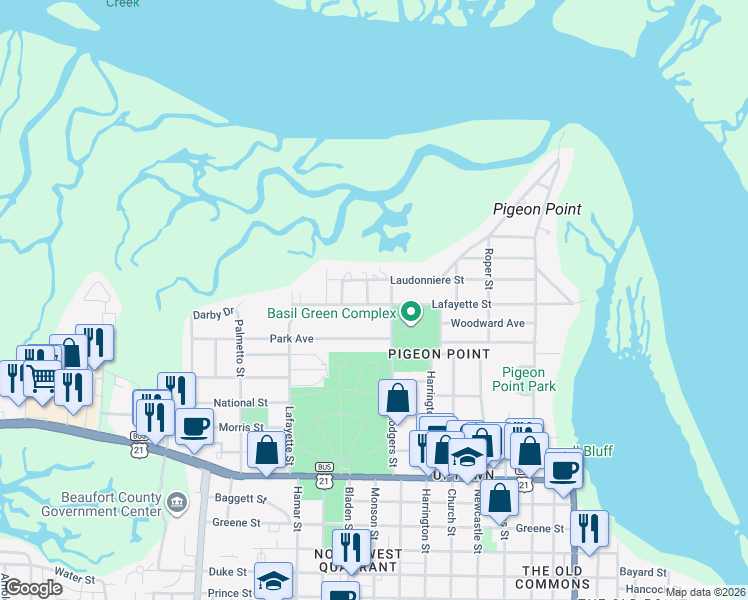 map of restaurants, bars, coffee shops, grocery stores, and more near 1500 Laudonniere Street in Beaufort