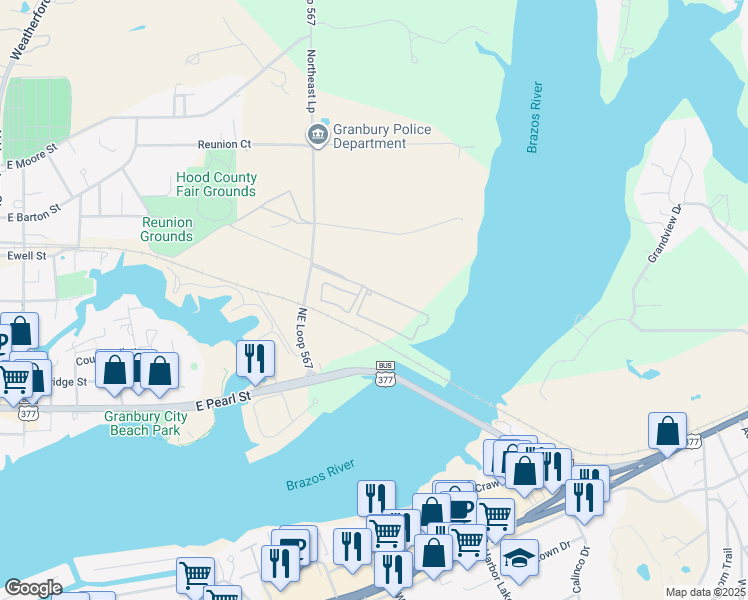 map of restaurants, bars, coffee shops, grocery stores, and more near 1000 Quiet Cove in Granbury