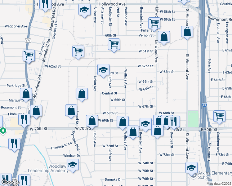 map of restaurants, bars, coffee shops, grocery stores, and more near Central Street in Shreveport