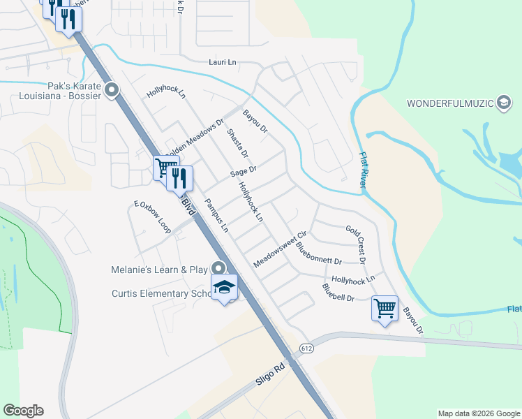 map of restaurants, bars, coffee shops, grocery stores, and more near 5413 Mulberry Drive in Bossier City