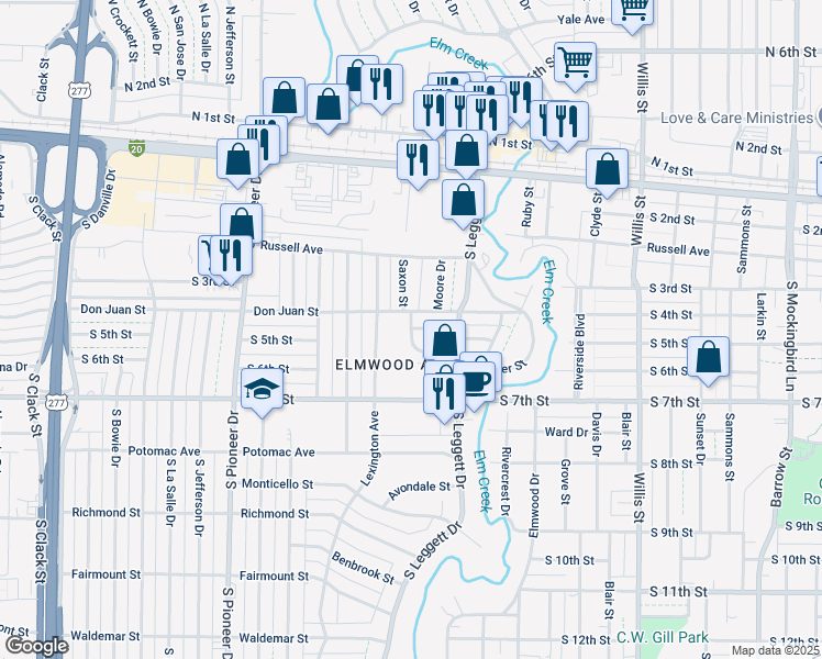 map of restaurants, bars, coffee shops, grocery stores, and more near 4063 Redbud Circle in Abilene