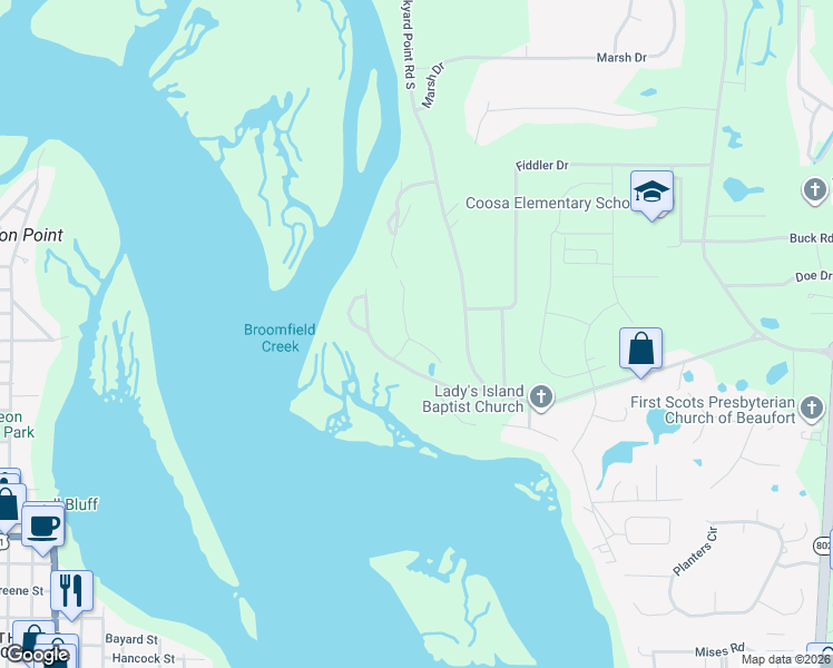 map of restaurants, bars, coffee shops, grocery stores, and more near 20 Colony Gardens Road in Beaufort