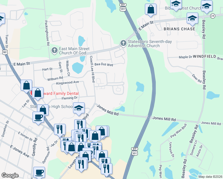map of restaurants, bars, coffee shops, grocery stores, and more near 332 Hummingbird Circle in Statesboro