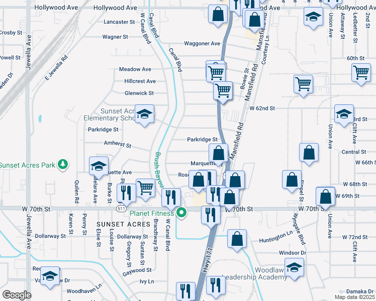 map of restaurants, bars, coffee shops, grocery stores, and more near 2752 Amherst Street in Shreveport