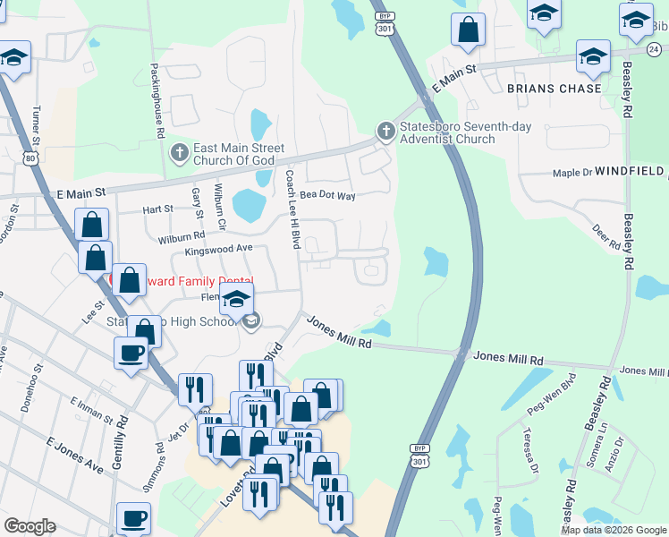 map of restaurants, bars, coffee shops, grocery stores, and more near 52 Valley Road in Statesboro