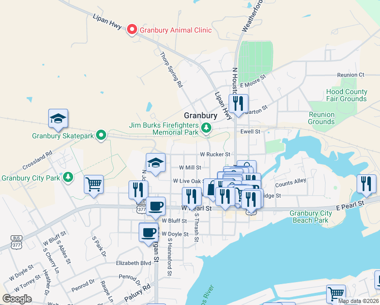 map of restaurants, bars, coffee shops, grocery stores, and more near 410 West Rucker Street in Granbury
