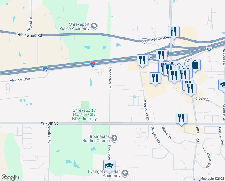 map of restaurants, bars, coffee shops, grocery stores, and more near 6825 Broadacres Road in Shreveport