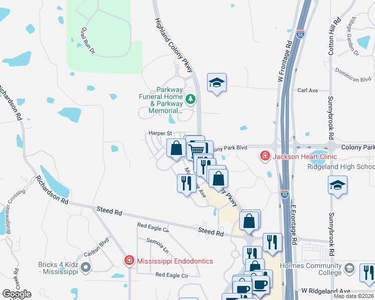 map of restaurants, bars, coffee shops, grocery stores, and more near 300 Eastpark St in Ridgeland