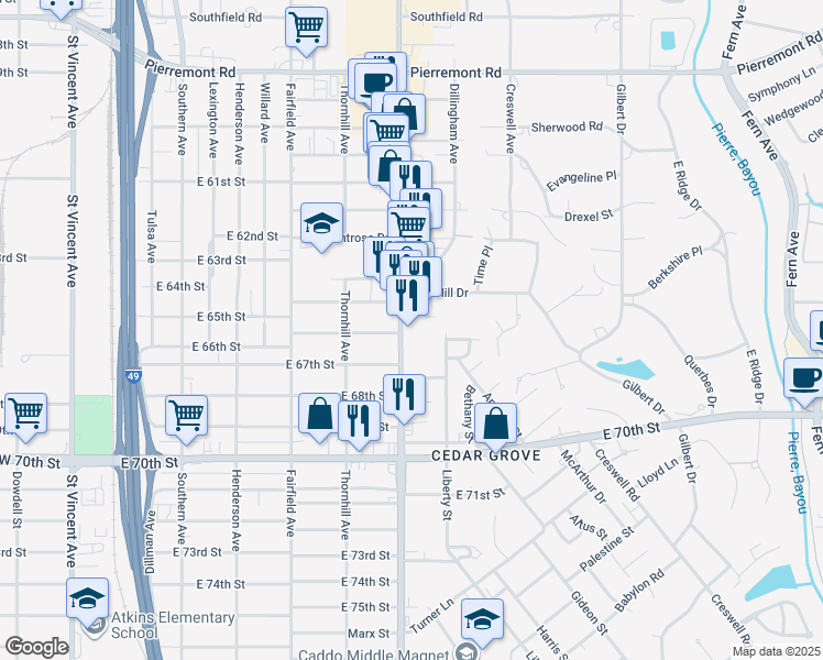 map of restaurants, bars, coffee shops, grocery stores, and more near 6537 Line Avenue in Shreveport