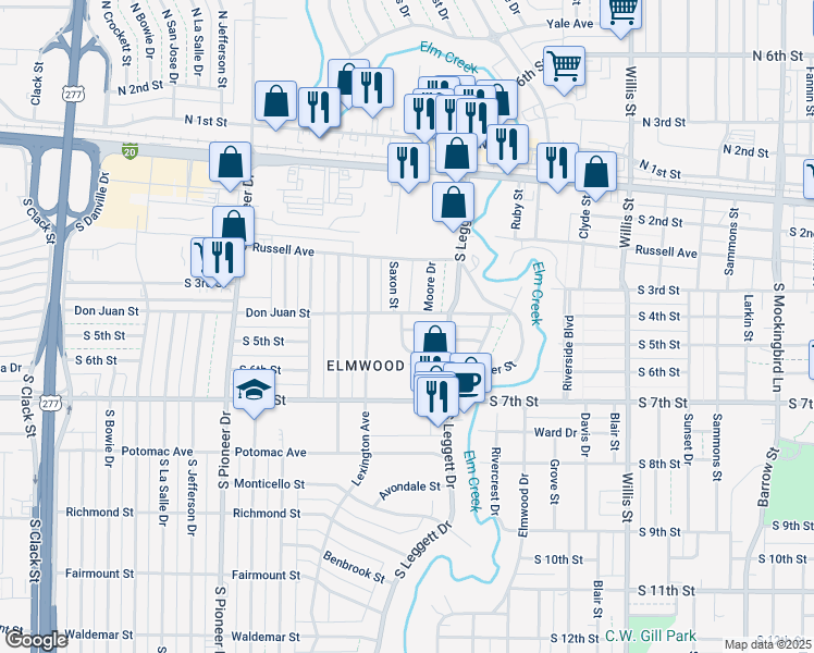 map of restaurants, bars, coffee shops, grocery stores, and more near 4070 Redbud Circle in Abilene