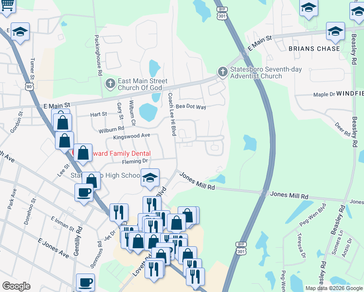 map of restaurants, bars, coffee shops, grocery stores, and more near 102 Valley Road in Statesboro