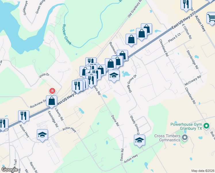 map of restaurants, bars, coffee shops, grocery stores, and more near 2232 Cobblestone Court in Granbury