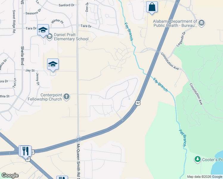 map of restaurants, bars, coffee shops, grocery stores, and more near 712 Hedgefield Way in Prattville