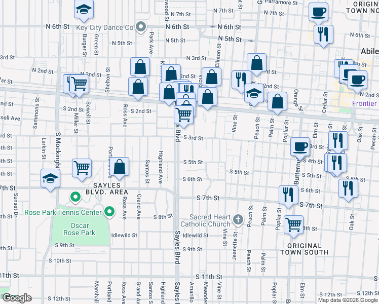 map of restaurants, bars, coffee shops, grocery stores, and more near 404 Amarillo Street in Abilene