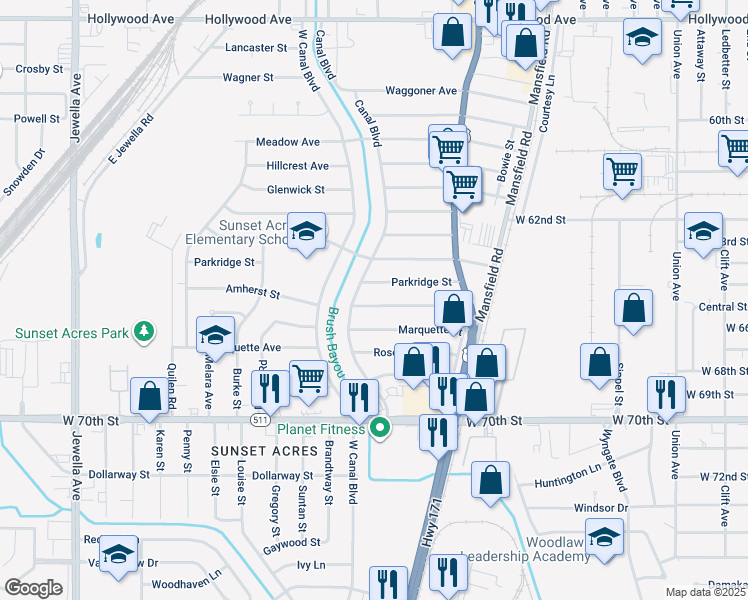 map of restaurants, bars, coffee shops, grocery stores, and more near 2786 Amherst Street in Shreveport