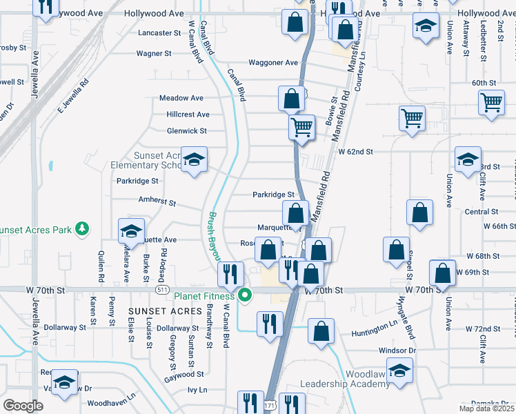 map of restaurants, bars, coffee shops, grocery stores, and more near 2760 Amherst Street in Shreveport