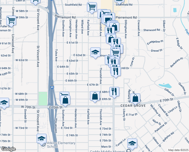 map of restaurants, bars, coffee shops, grocery stores, and more near 446 East 66th Street in Shreveport
