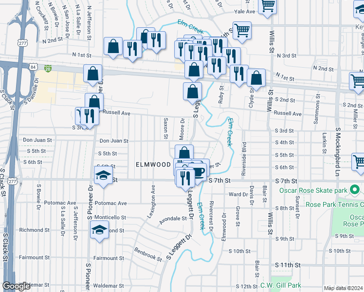 map of restaurants, bars, coffee shops, grocery stores, and more near 4016 Lynwood Lane in Abilene