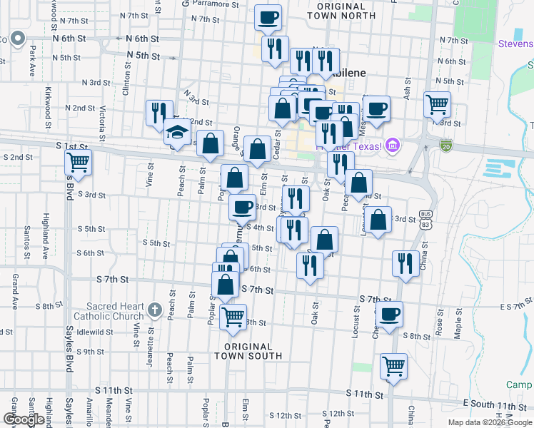 map of restaurants, bars, coffee shops, grocery stores, and more near 302 Elm Street in Abilene