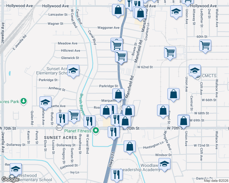 map of restaurants, bars, coffee shops, grocery stores, and more near 2716 Amherst Street in Shreveport