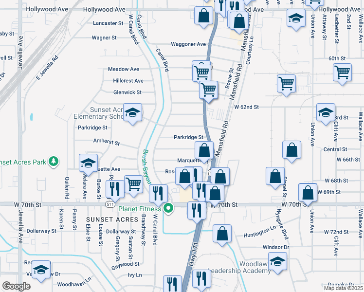 map of restaurants, bars, coffee shops, grocery stores, and more near 2752 Amherst Street in Shreveport