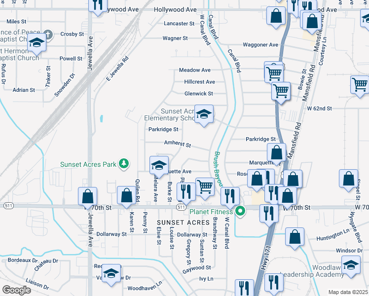 map of restaurants, bars, coffee shops, grocery stores, and more near 6601 Burke Street in Shreveport