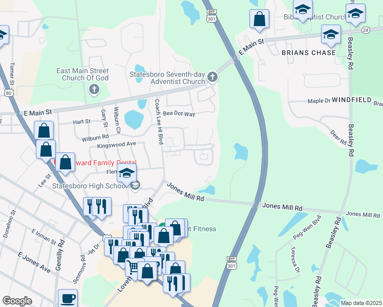 map of restaurants, bars, coffee shops, grocery stores, and more near 318 Hummingbird Circle in Statesboro