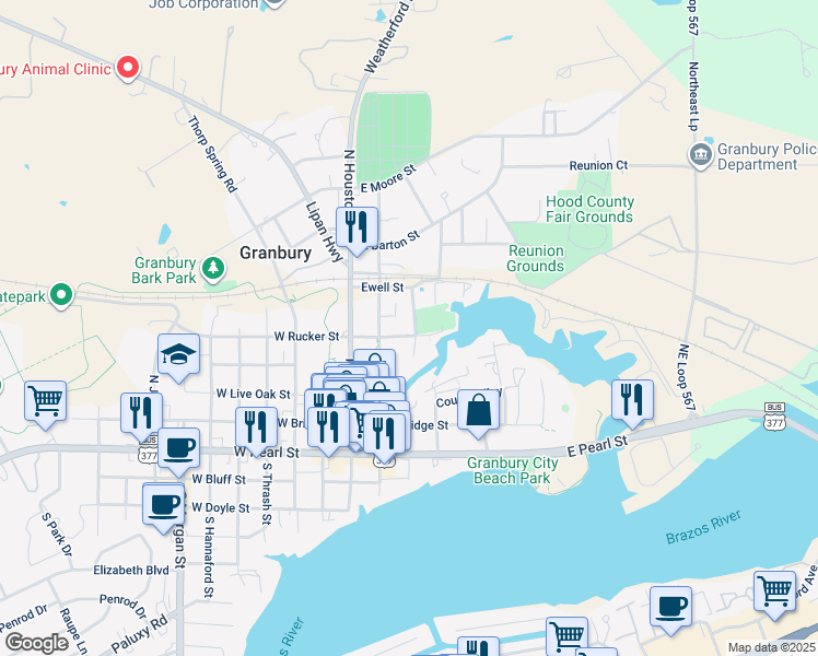map of restaurants, bars, coffee shops, grocery stores, and more near 507 North Brazos Street in Granbury
