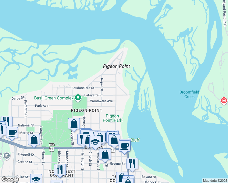 map of restaurants, bars, coffee shops, grocery stores, and more near 1903 Pigeon Point Road in Beaufort