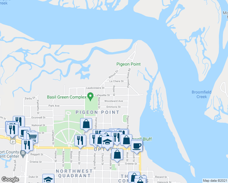 map of restaurants, bars, coffee shops, grocery stores, and more near 1901 Roper Street in Beaufort