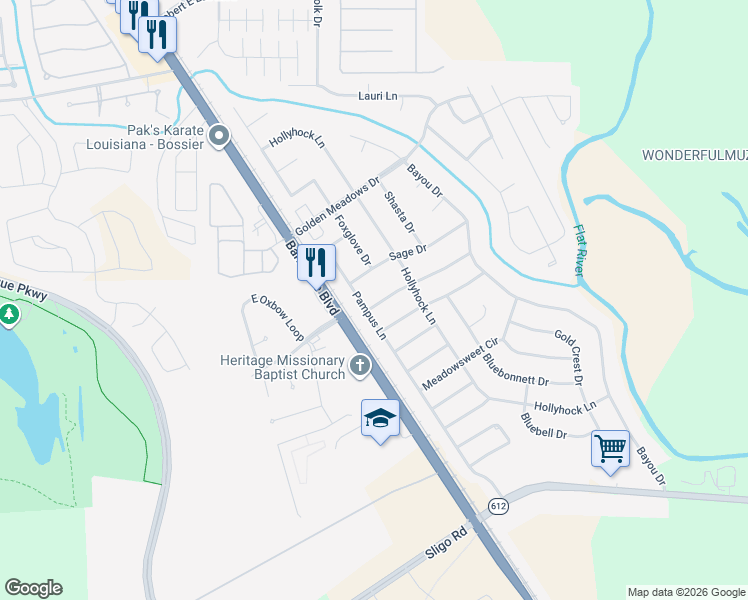 map of restaurants, bars, coffee shops, grocery stores, and more near 5303 Susanna Drive in Bossier City