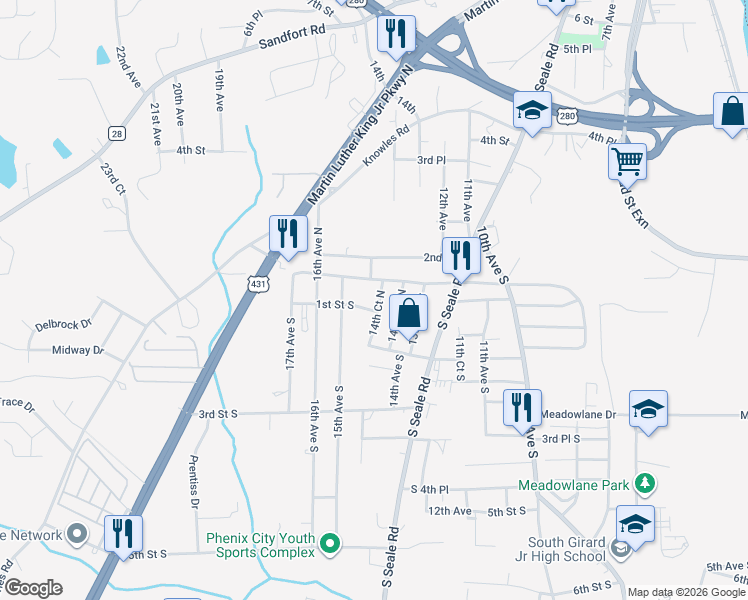 map of restaurants, bars, coffee shops, grocery stores, and more near 105 14th Court North in Phenix City