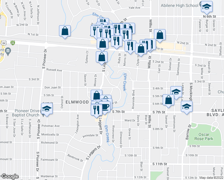 map of restaurants, bars, coffee shops, grocery stores, and more near 426 Saddlewood Drive in Abilene