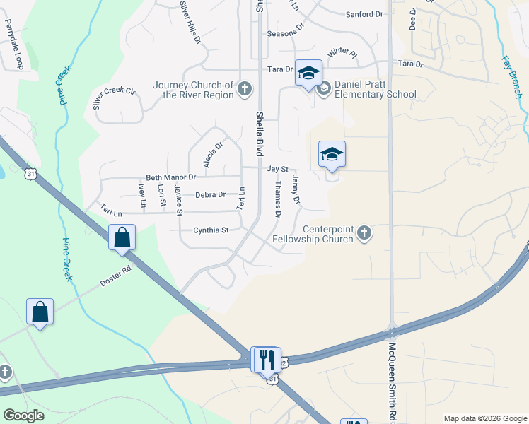map of restaurants, bars, coffee shops, grocery stores, and more near 312 Sheila Boulevard in Prattville