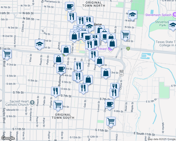 map of restaurants, bars, coffee shops, grocery stores, and more near 301 Oak Street in Abilene