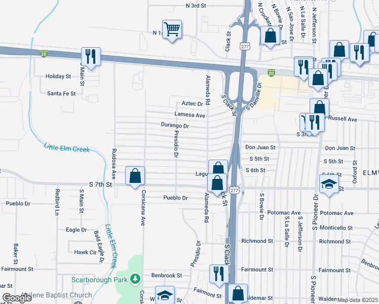 map of restaurants, bars, coffee shops, grocery stores, and more near 5257 Questa Drive in Abilene