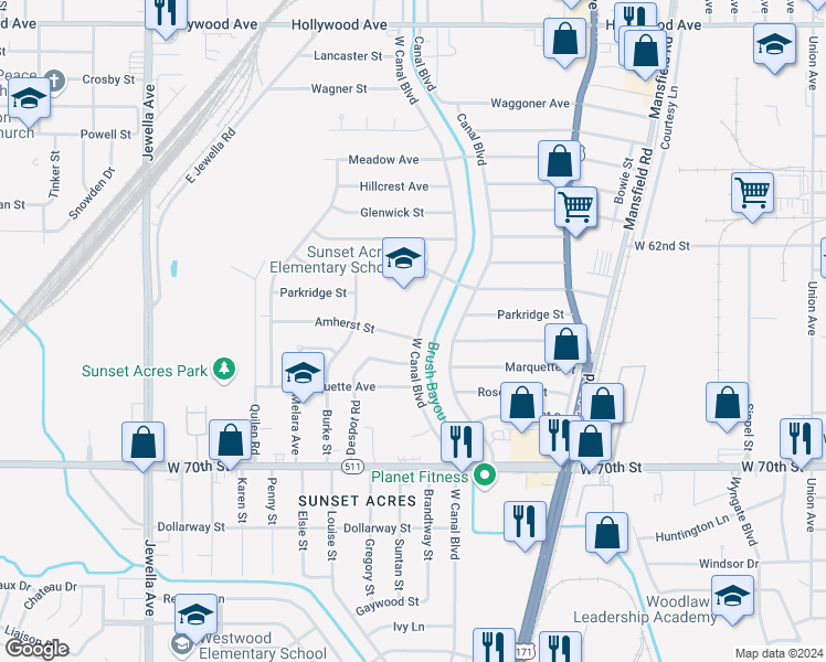 map of restaurants, bars, coffee shops, grocery stores, and more near 6546 West Canal Boulevard in Shreveport