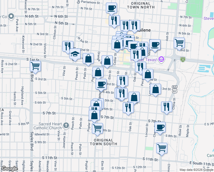 map of restaurants, bars, coffee shops, grocery stores, and more near 302 Elm Street in Abilene