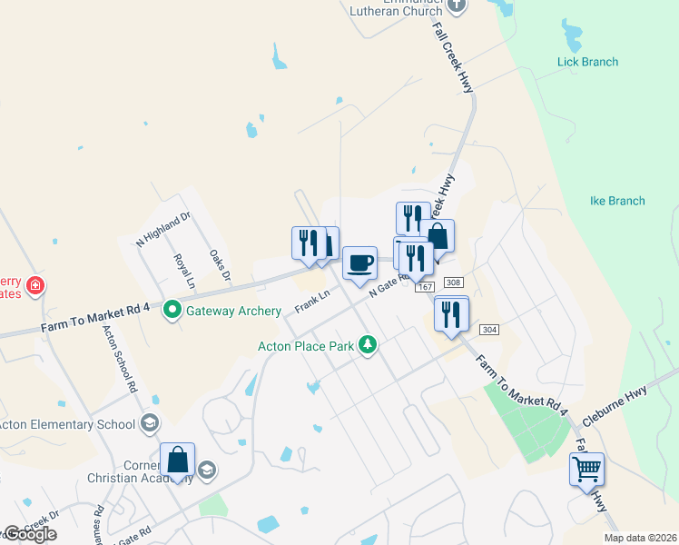 map of restaurants, bars, coffee shops, grocery stores, and more near 5501 Acton Highway in Granbury