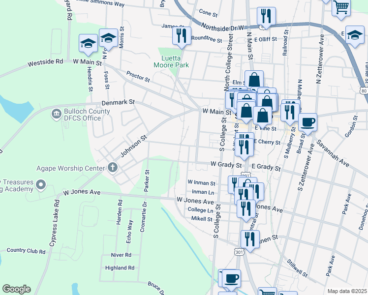 map of restaurants, bars, coffee shops, grocery stores, and more near 130 Bulloch Street in Statesboro