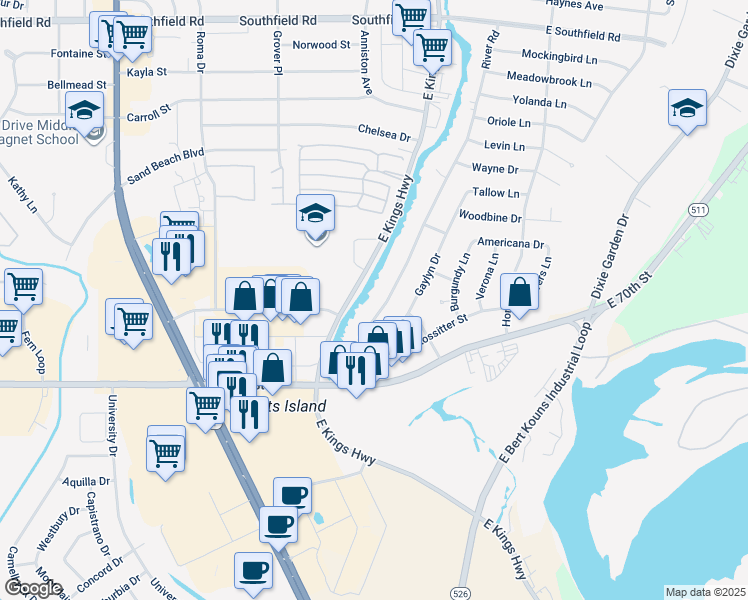 map of restaurants, bars, coffee shops, grocery stores, and more near 6152 River Rd in Shreveport