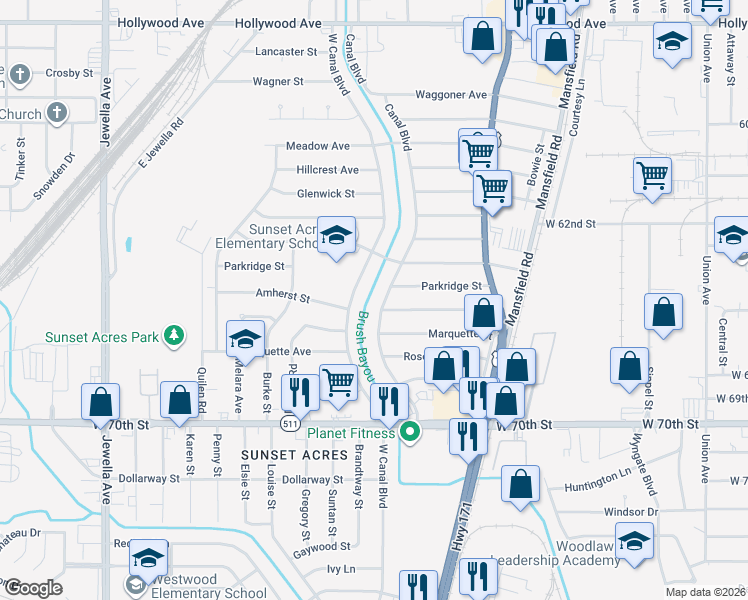map of restaurants, bars, coffee shops, grocery stores, and more near 6542 Canal Blvd in Shreveport